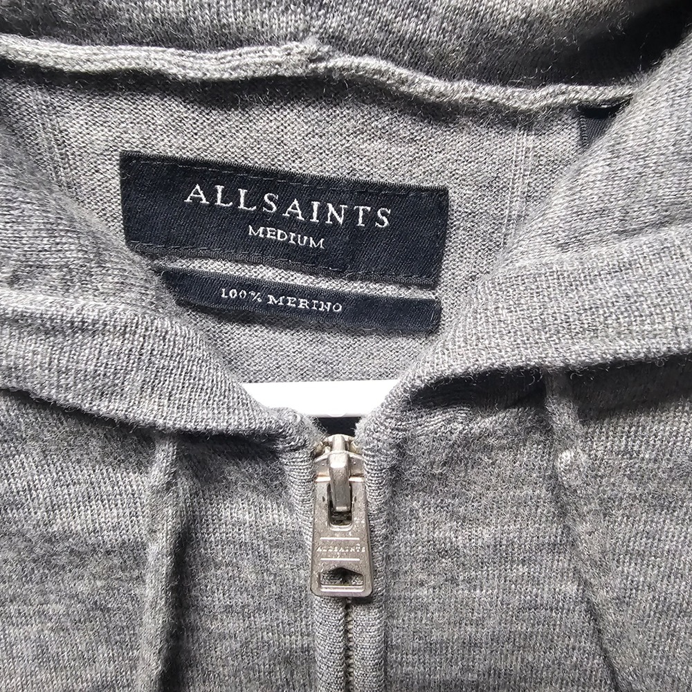 AllSaints Mode Merino Full Zip Hoody Men's Medium Grey Marl Wool Ramskull MK130D